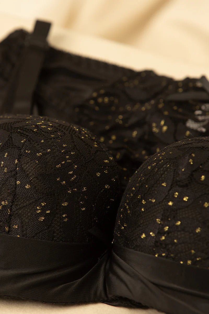 Cozy Unders Heavy Padded Wired Deep Cut All Over Net Glitter 3/4th Coverage Side Support Bra Panty Set