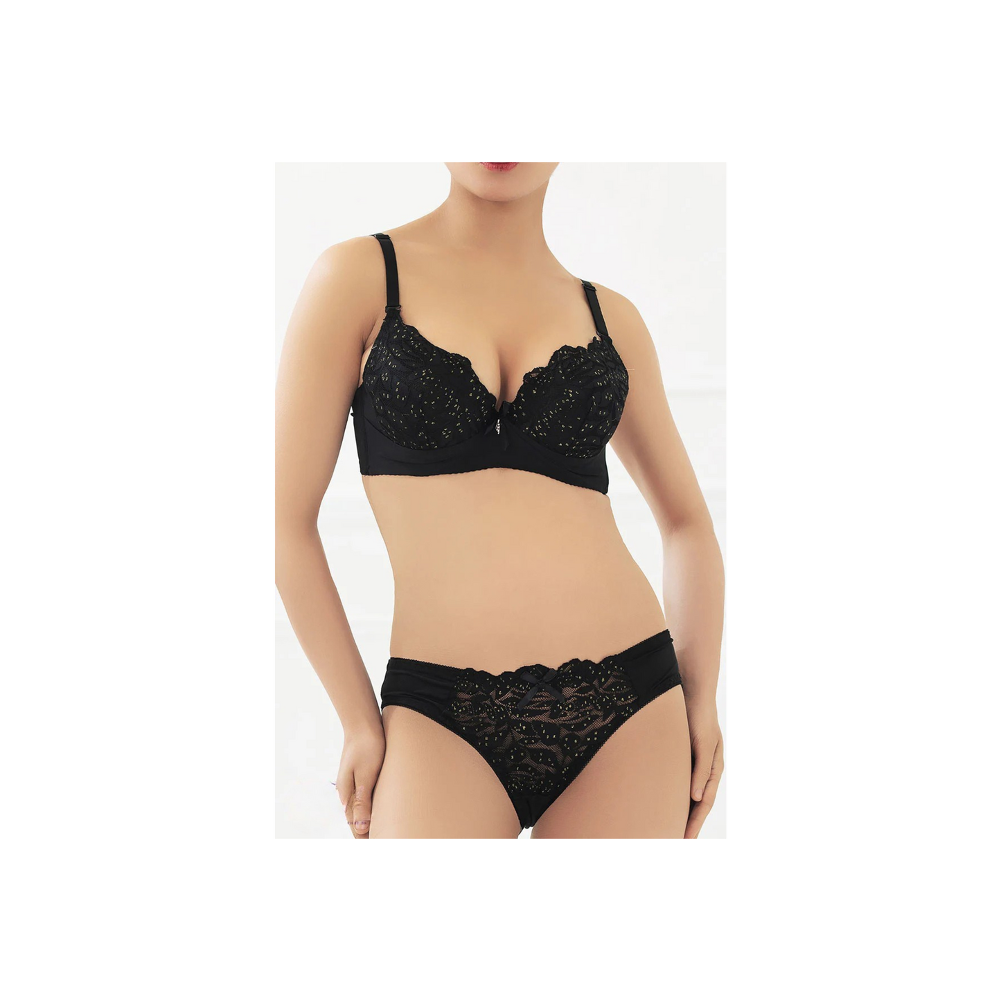Cozy Unders Heavy Padded Wired Deep Cut All Over Net Glitter 3/4th Coverage Side Support Bra Panty Set